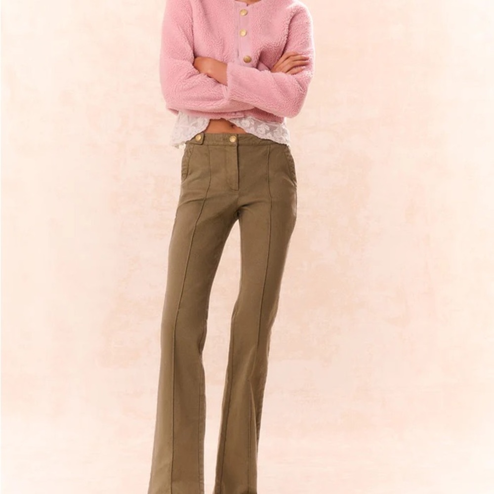 LoveShackFancy Olive Flare Pants